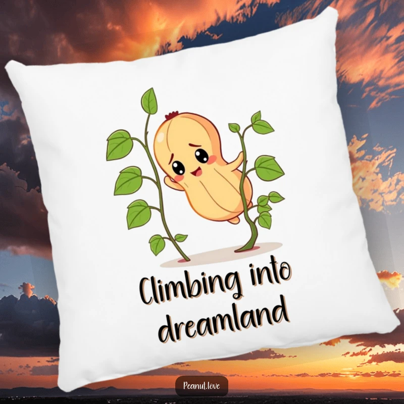 Funny determined peanut character pillow, depicted climbing a tiny vine with unwavering focus.