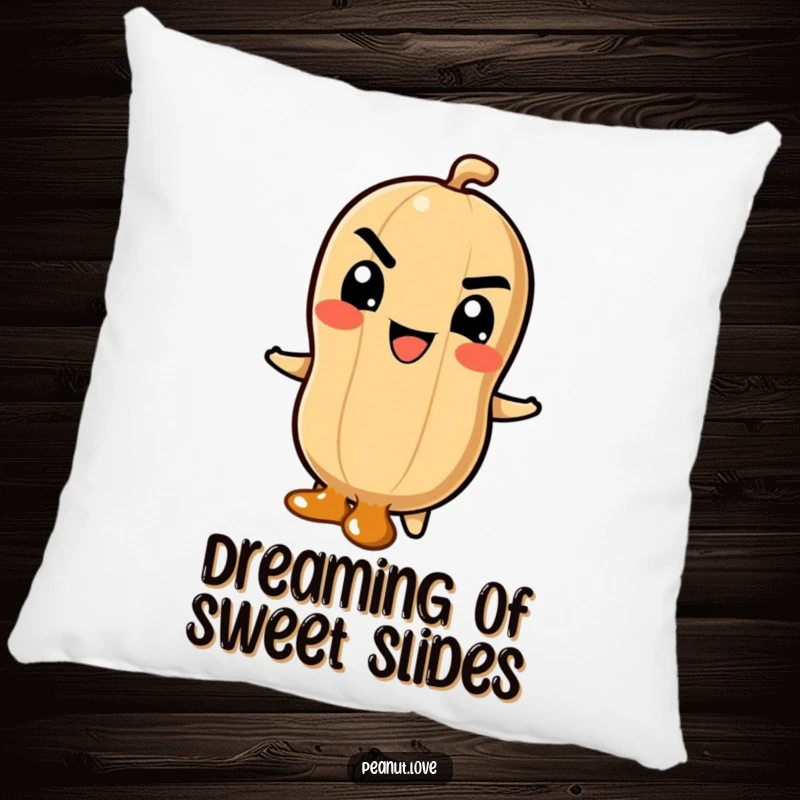 Funny Pillow with a Peanut Character's Mischievous Grin Sliding Down a Caramel Swirl, Perfect for Cozy Adventure