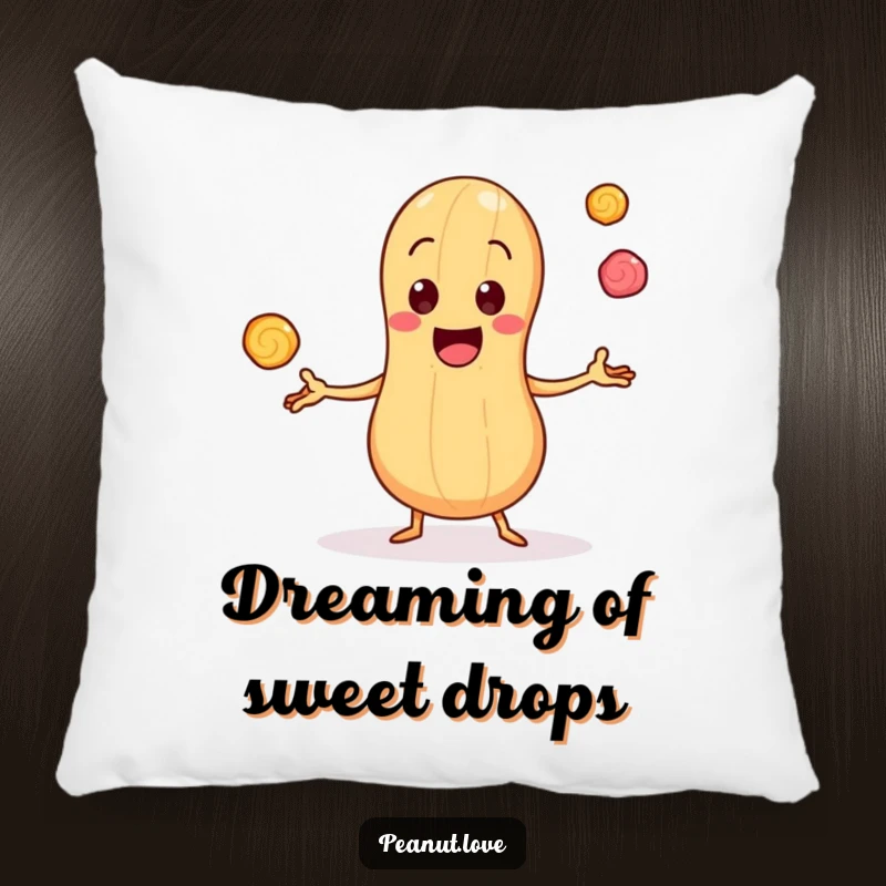 Funny Pillow with a Cheerful Peanut Character Juggling Tiny Candy Pieces, Perfect for Sweet Relaxation