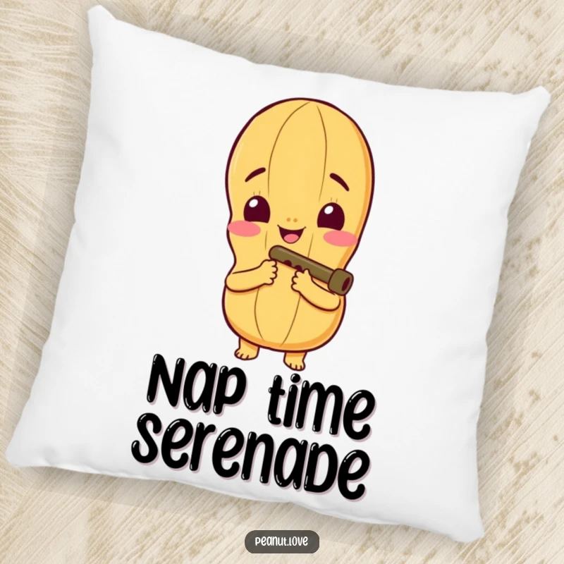 Funny Pillow with a Peanut Character's Wide Smile Playing a Tiny Kazoo, Perfect for Cozy Musical Relaxation