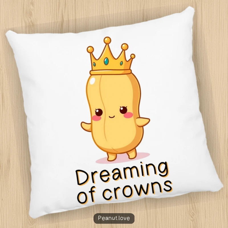 Funny Peanut King Pillow: A proud peanut wearing a crown, looking at a perfect peanut, offering cozy, funny, and majestic comfort for any room.