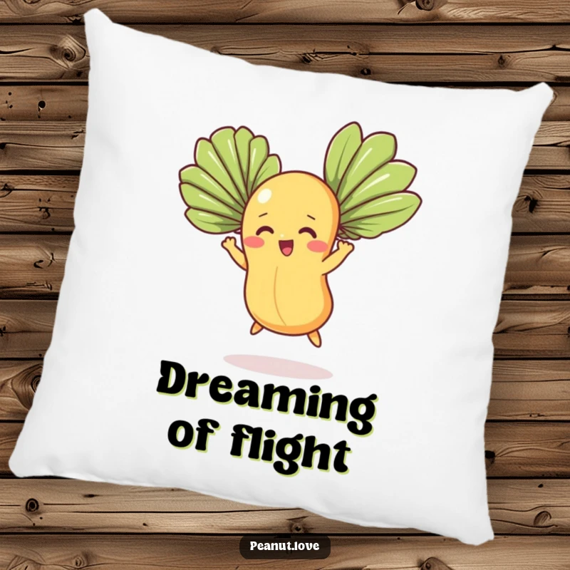 Funny pillow featuring a determined peanut character attempting flight with fan leaves, a soft and humorous addition to any room.