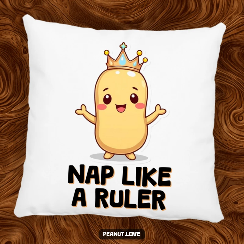 Funny Happy Peanut Crown Pillow: A smiling peanut offers a tiny sparkling crown. Cozy regal comfort, funny gift.