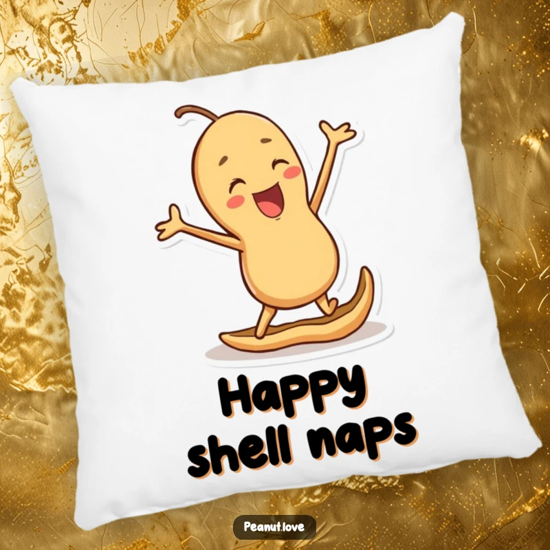 Funny pillow with a joyful peanut character jumping excitedly in its shell, offering nutty comfort and a daily dose of cheer.