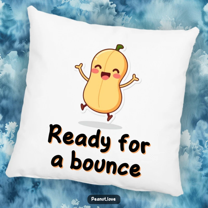 Funny pillow featuring an excited peanut character with wiggling legs, poised for a joyful leap.