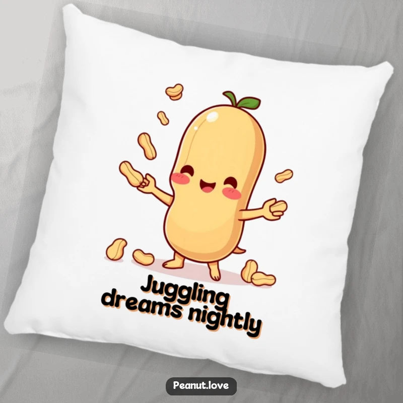 Funny decorative pillow featuring a cute Kawaii peanut juggling, offering plush comfort and humorous appeal.