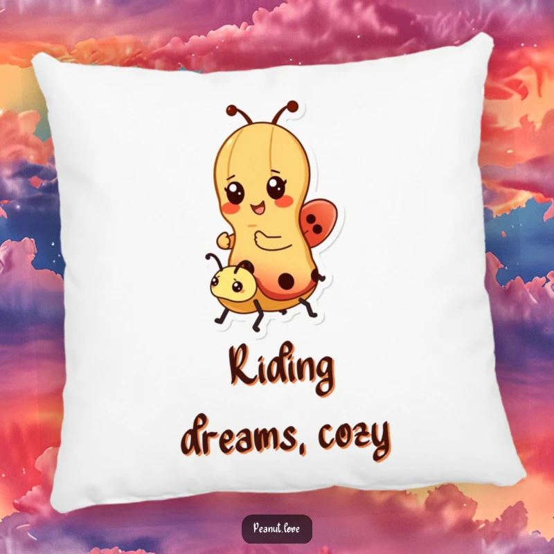 Funny pillow featuring a kawaii peanut character riding a ladybug, offering soft comfort and cheerful design; perfect for gifting.