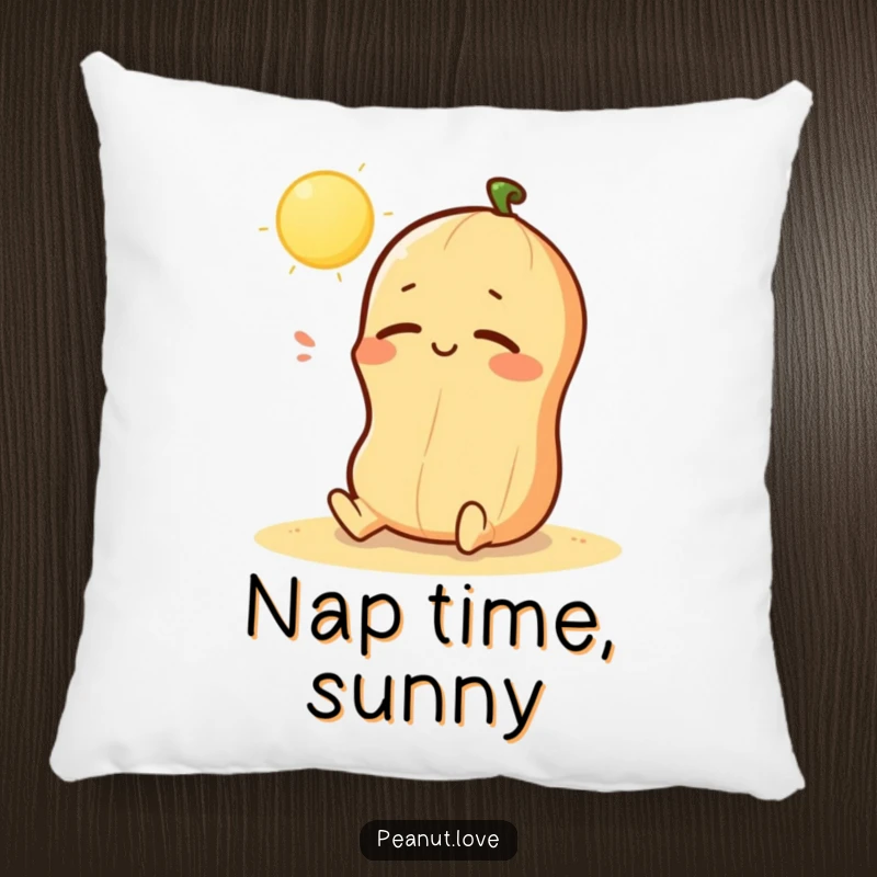 Funny pillow featuring a kawaii peanut character happily sunbathing, offering soft comfort and peaceful design; perfect for gifting.
