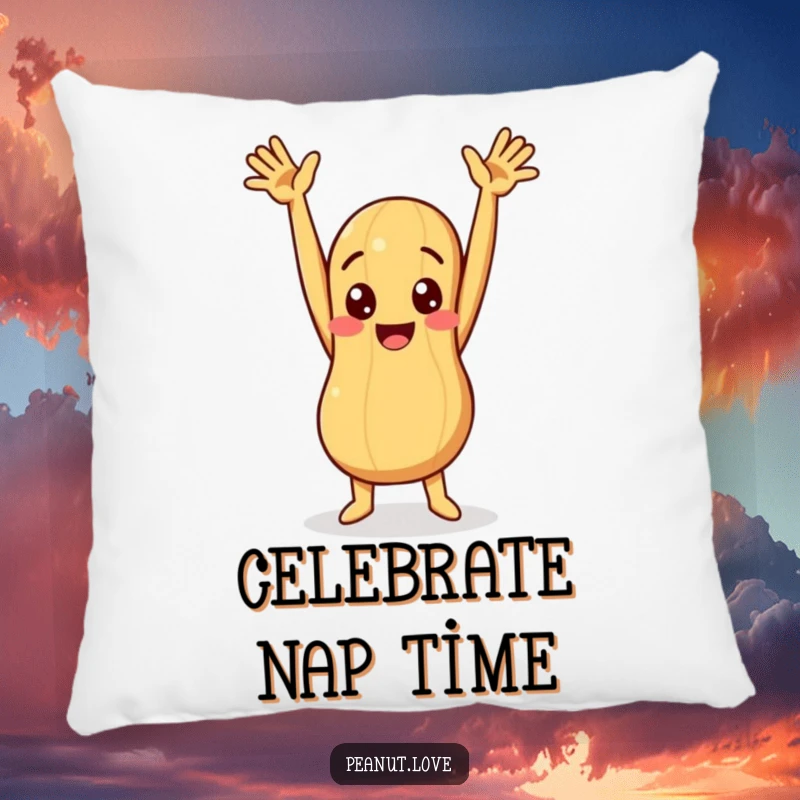 Funny pillow featuring a peanut character with arms raised in a joyful, humorous, and celebratory pose.