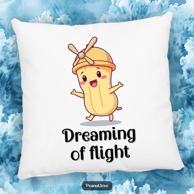 Funny pillow featuring a peanut character with a propeller hat, humorously attempting to fly, designed for comfort.
