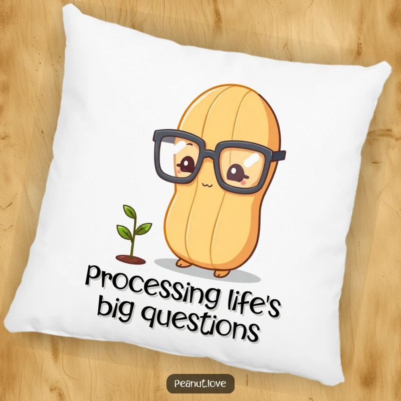 Funny peanut character with glasses, looking at a small sprout, soft and humorous decorative pillow.