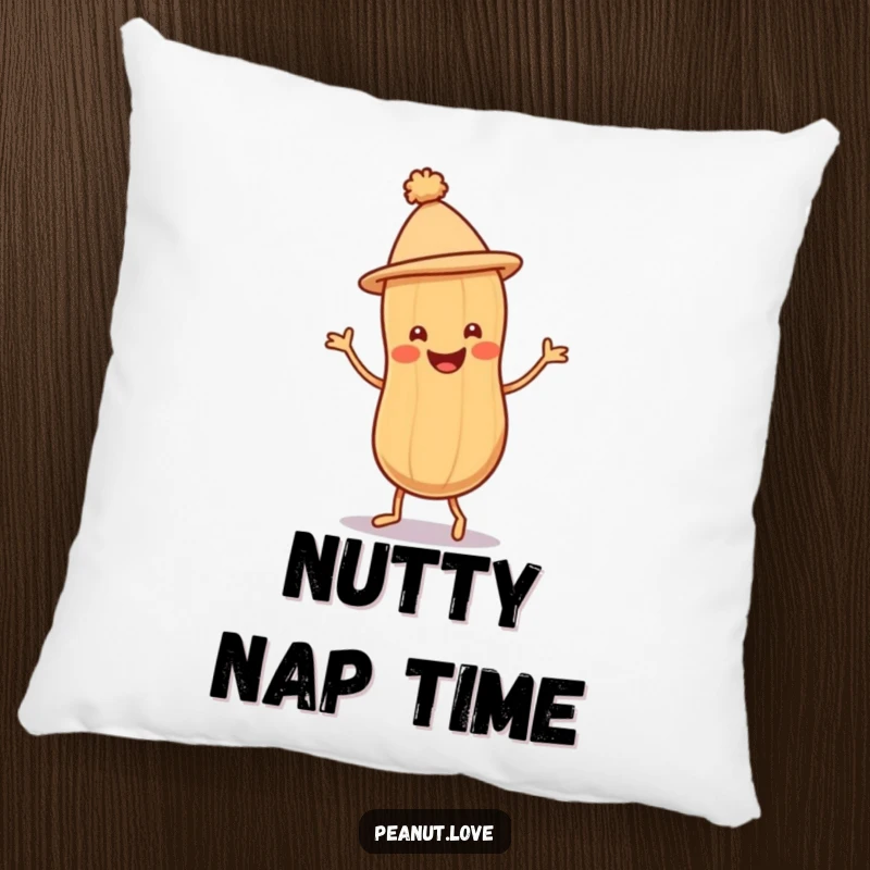 Funny Peanut Jig Pillow featuring a smiling peanut character in a tiny hat doing a joyful jig, perfect for cozying up.