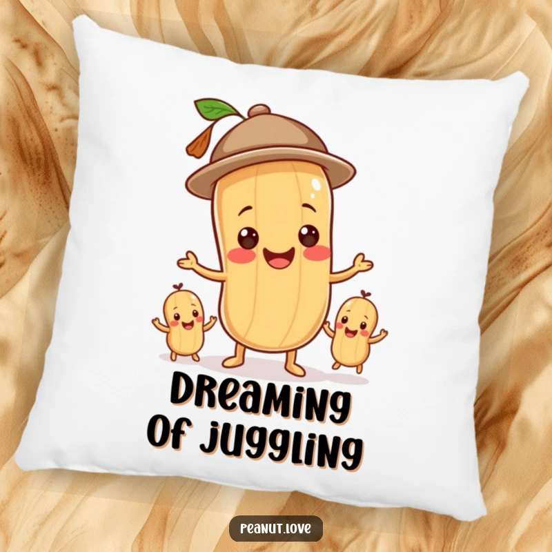 Funny pillow showcasing a happy peanut character in a tiny hat, juggling smaller peanuts with impressive dexterity.