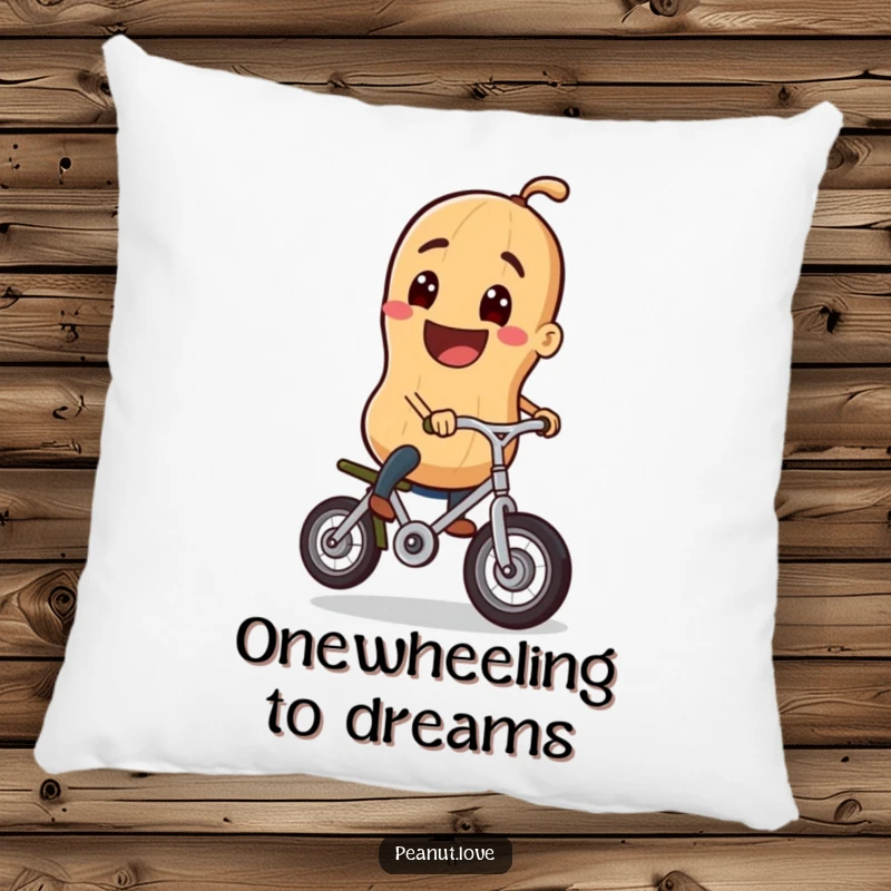 Funny pillow featuring a grinning peanut character riding a tiny unicycle, offering comfort and a dose of hilarious, balanced humor.