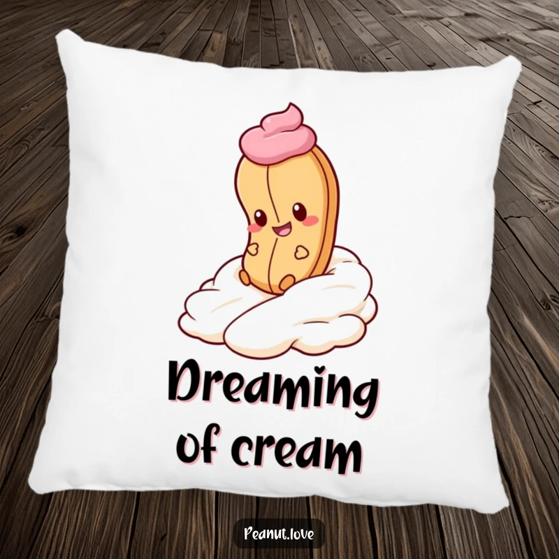 Funny Peanut Whipped Cream Pillow: A peanut gleefully rolls down whipped cream. Cozy dessert comfort, funny gift.