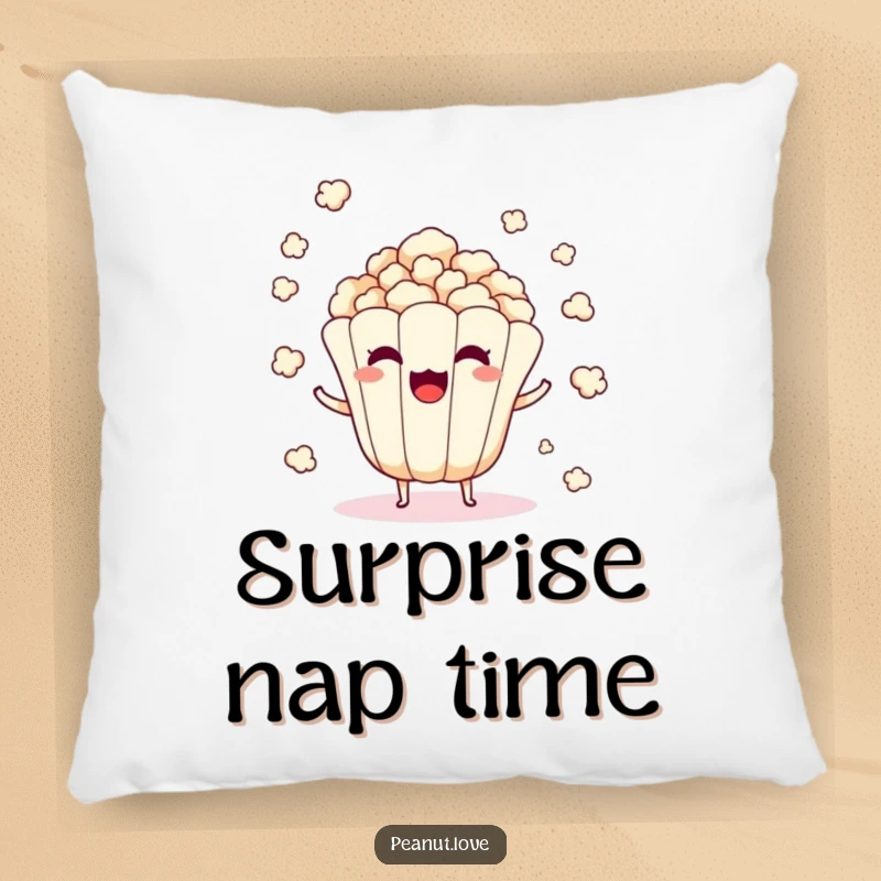 Funny pillow depicting a surprised popcorn kernel character mid-pop, scattering.