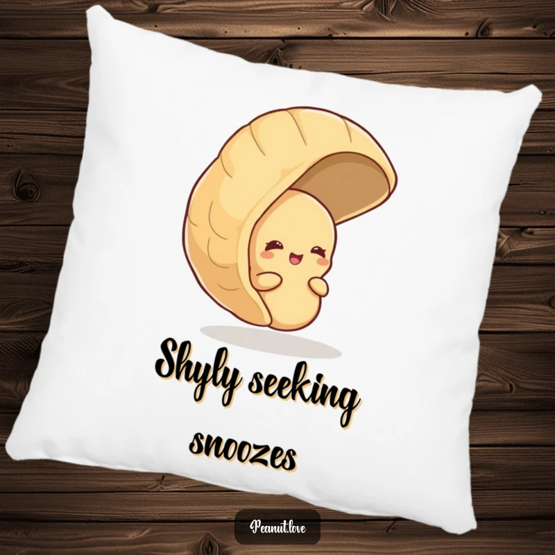 Funny pillow showing a shy peanut peeking from behind a large peanut shell, with a soft giggle, offering humorous comfort.