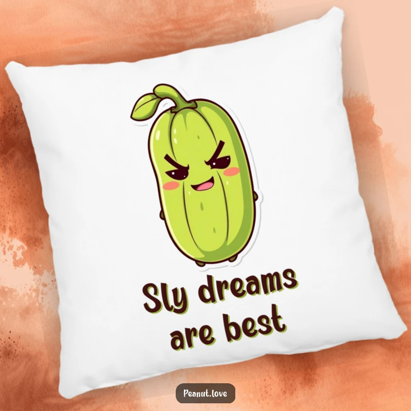 Funny anthropomorphic pickle with a mischievous grin slyly winking on a humorous pillow, perfect for comfort.