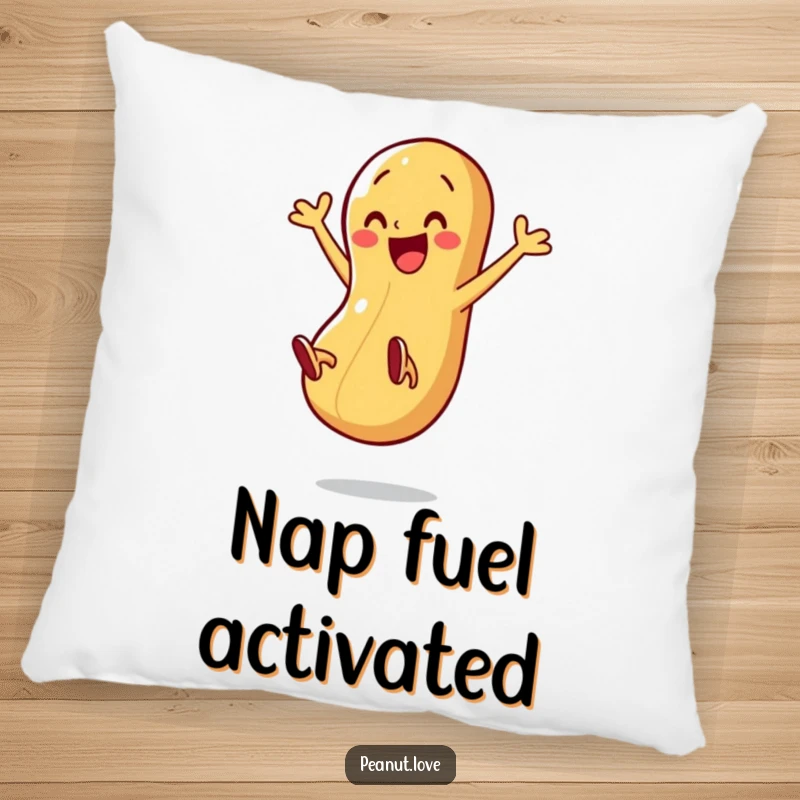 Funny pillow featuring a happy peanut character kicking its legs with energy, designed for comfort and a touch of humor.
