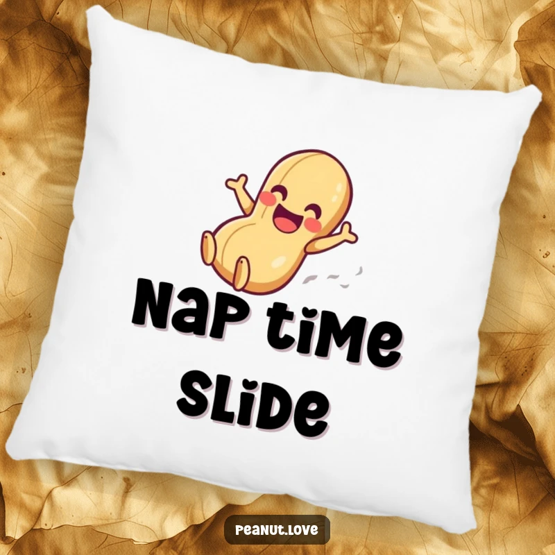 Funny pillow showcasing a gleeful anthropomorphic peanut character smoothly sliding down a surface, designed for comfort and smiles.