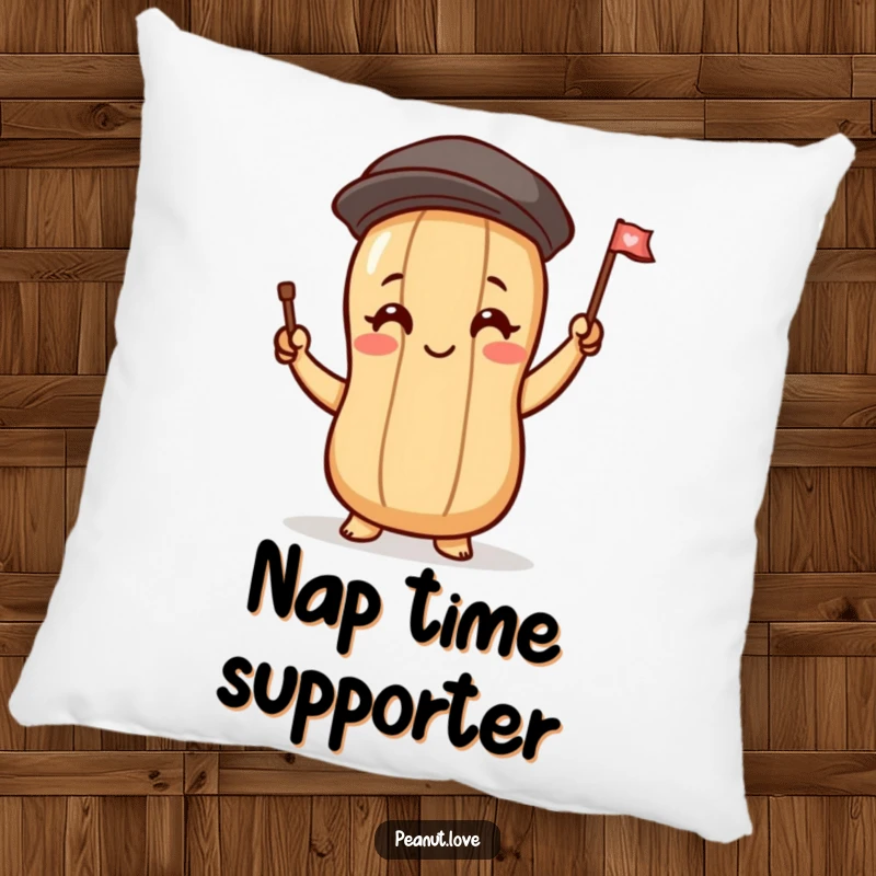 Funny pillow depicting a peanut character blushing and waving a tiny flag, perfect for adding comfort and humor to a space.