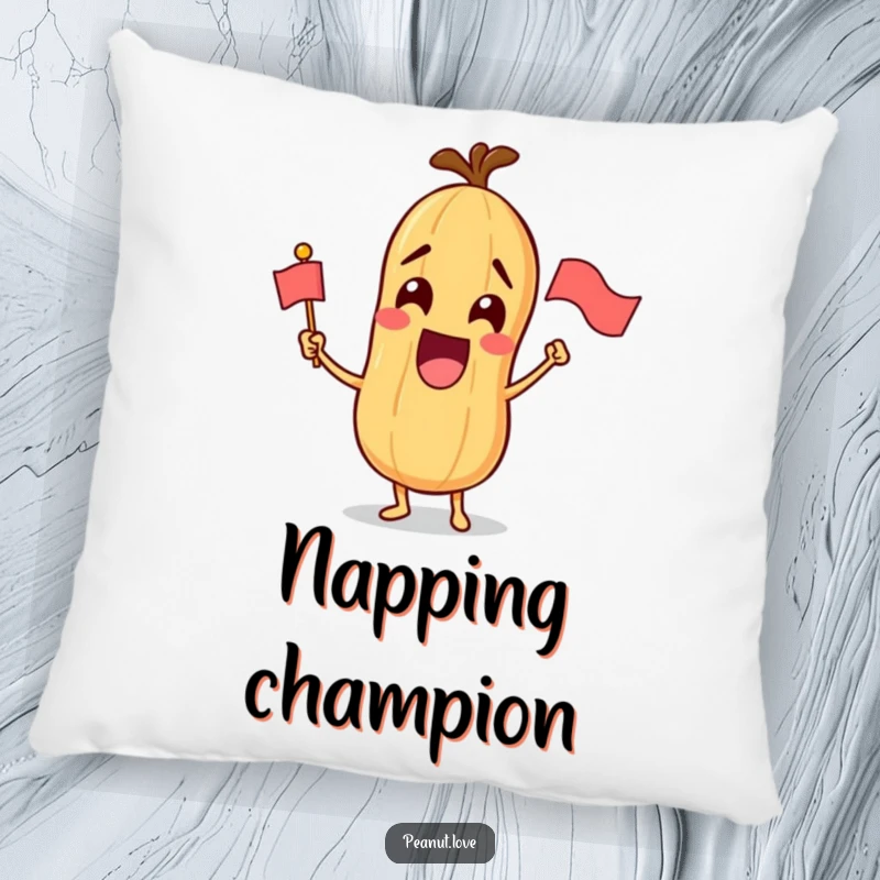 Funny pillow with a smiling peanut character gleefully waving a tiny flag, adding a touch of festive cheer.