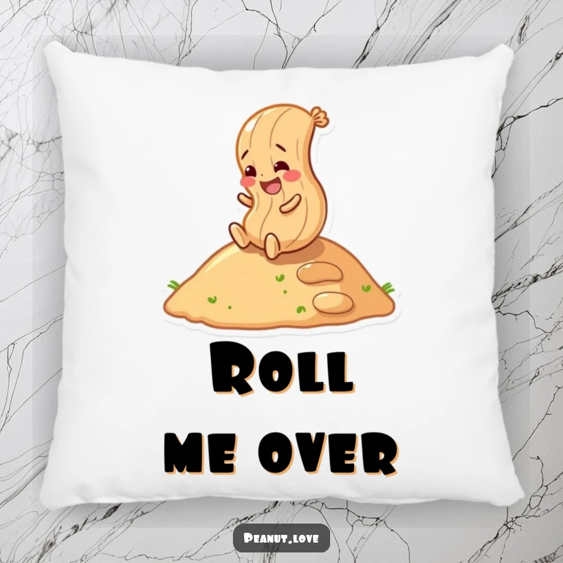 Funny peanut character rolling down a hill with a huge smile, featured on a comfy pillow, playful decor.