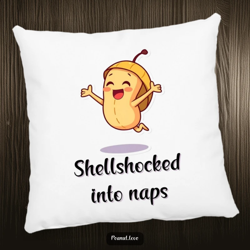 Funny joyful peanut character pillow, showing an enthusiastic jump within a cheerful, protective shell.