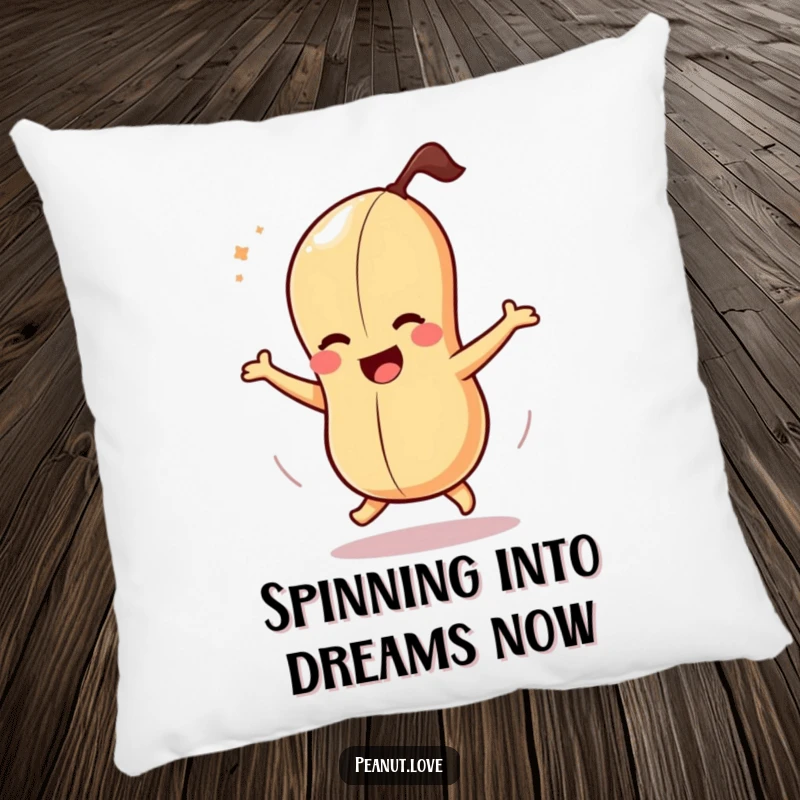 Funny pillow featuring a dizzy peanut character in a joyful, spinning pose, perfect for adding humor and comfort.