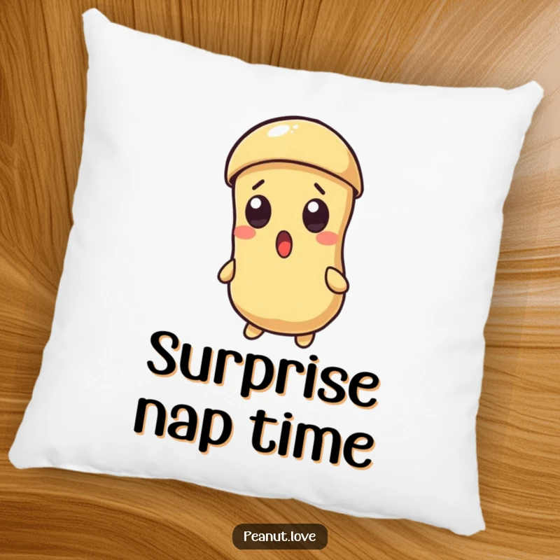 Funny decorative pillow featuring a surprised Kawaii peanut with a cracking shell, perfect for comfort and a good laugh.