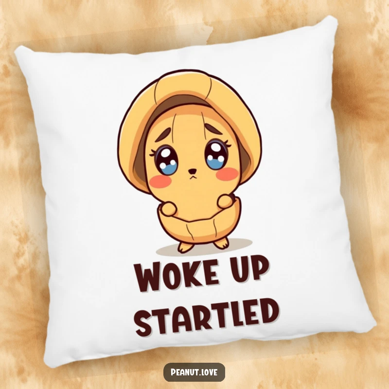 Funny pillow featuring a surprised peanut character peeking out from its shell with wide, expressive eyes.