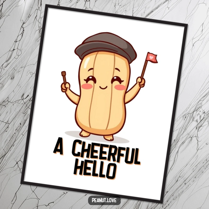 Funny digital art print of a peanut character blushing and waving a tiny flag, a cheerful and humorous piece for wall decor.