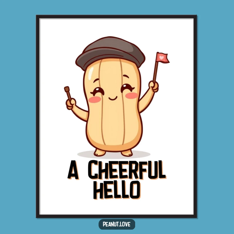 Funny Cheerful Peanut Digital Art, Blushing Flag Wave Print, Humorous Wall Decor
