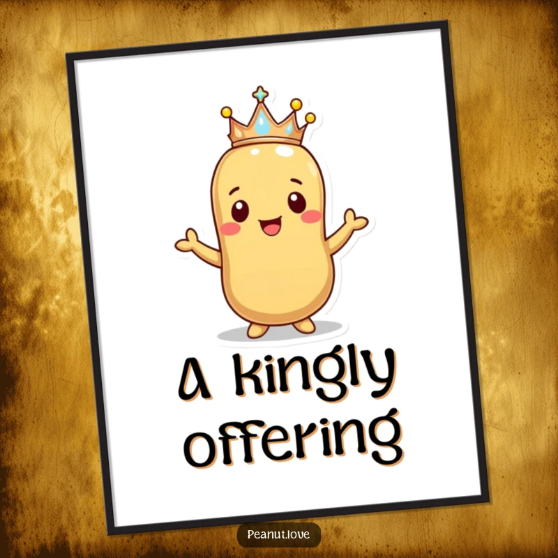 Funny Happy Peanut Crown Digital Art Print: A smiling peanut offers a tiny sparkling crown. Instant regal decor, funny gift.
