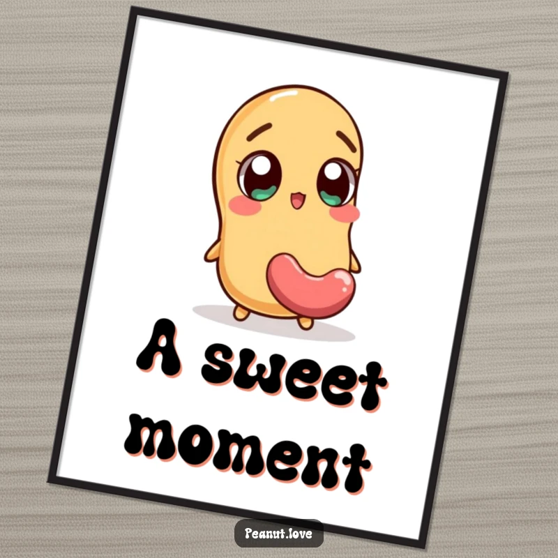 Funny digital art print of an excited peanut character wide-eyed at a falling jellybean, a humorous and sweet piece for walls.