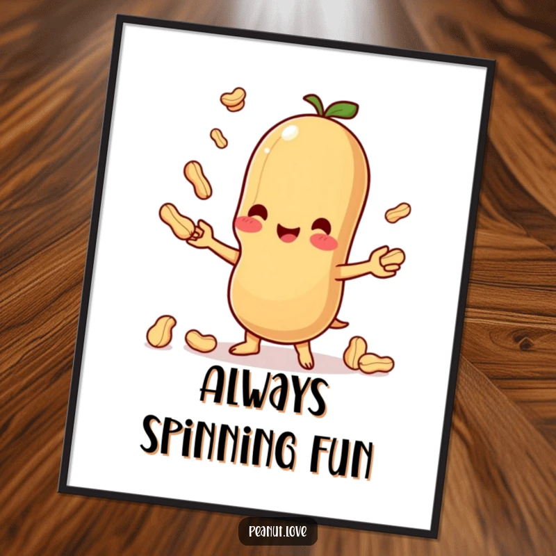 Funny digital art print of a happy Kawaii peanut character juggling, ready to bring joy and humor to your walls.