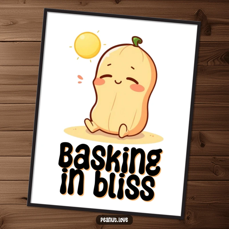 Funny digital art print of a kawaii peanut character happily sunbathing, offering instant serene wall decor; a gift.