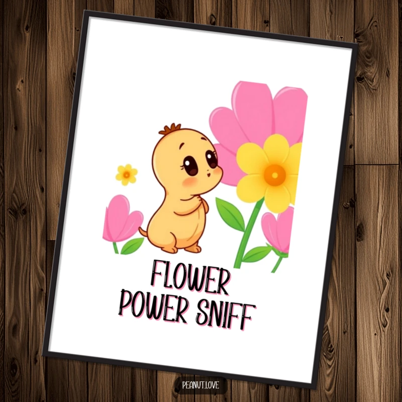 Funny Peanut Digital Art Print: A curious peanut character is shown intently sniffing a vibrant, colorful flower.
