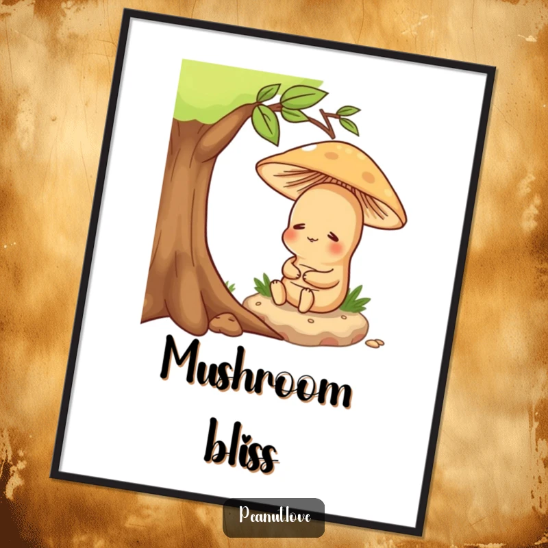 Funny digital art print of a content peanut character enjoying a peaceful sit under a mushroom, exuding tranquility.