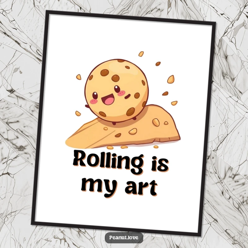 Funny cookie character joyfully rolling down a crumb-filled hill on a humorous digital art print, instant download.