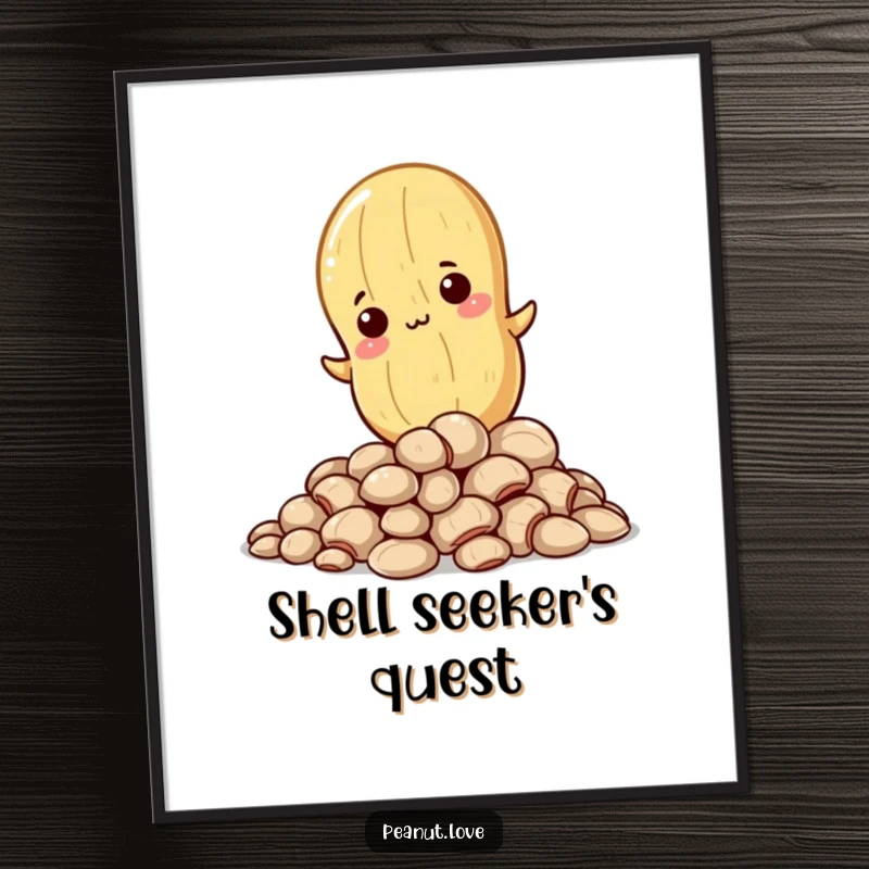 Funny digital art print of a determined Kawaii peanut character climbing, ready to inspire and amuse.