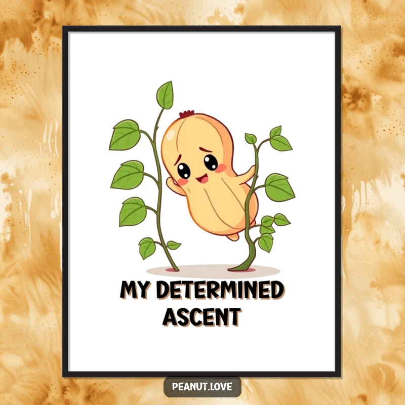 Funny determined peanut character digital art print, illustrated climbing a tiny vine with intense determination.