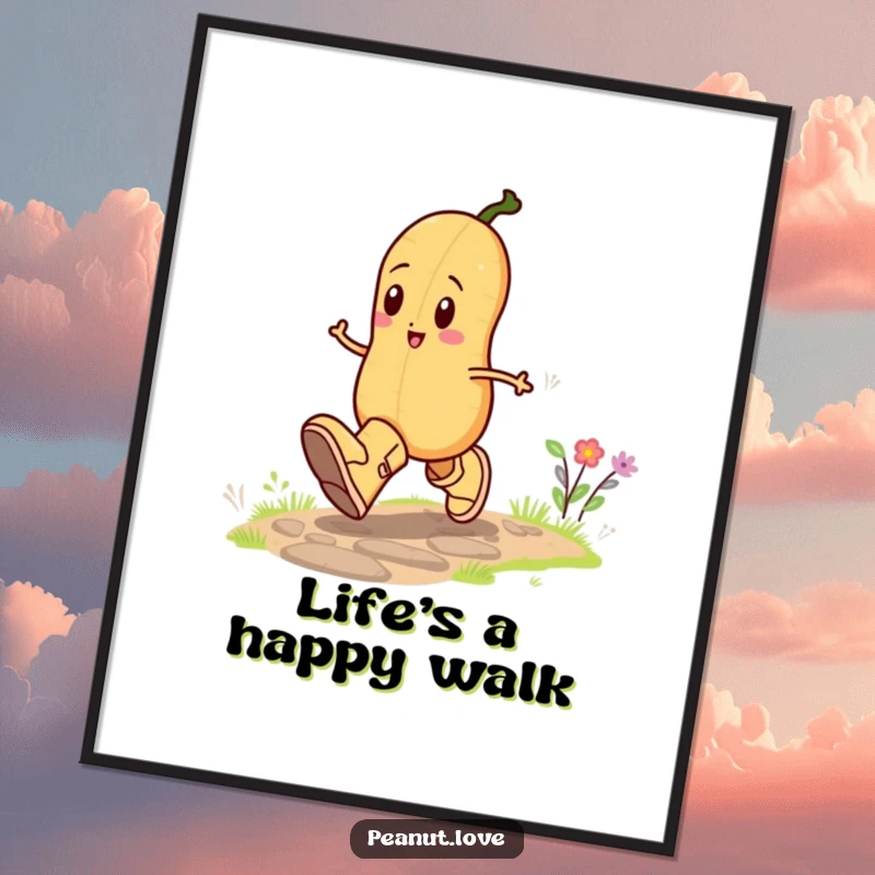 Funny digital art of a happy peanut character skipping with gusto in oversized boots, capturing a moment of pure joy and whimsical fun.