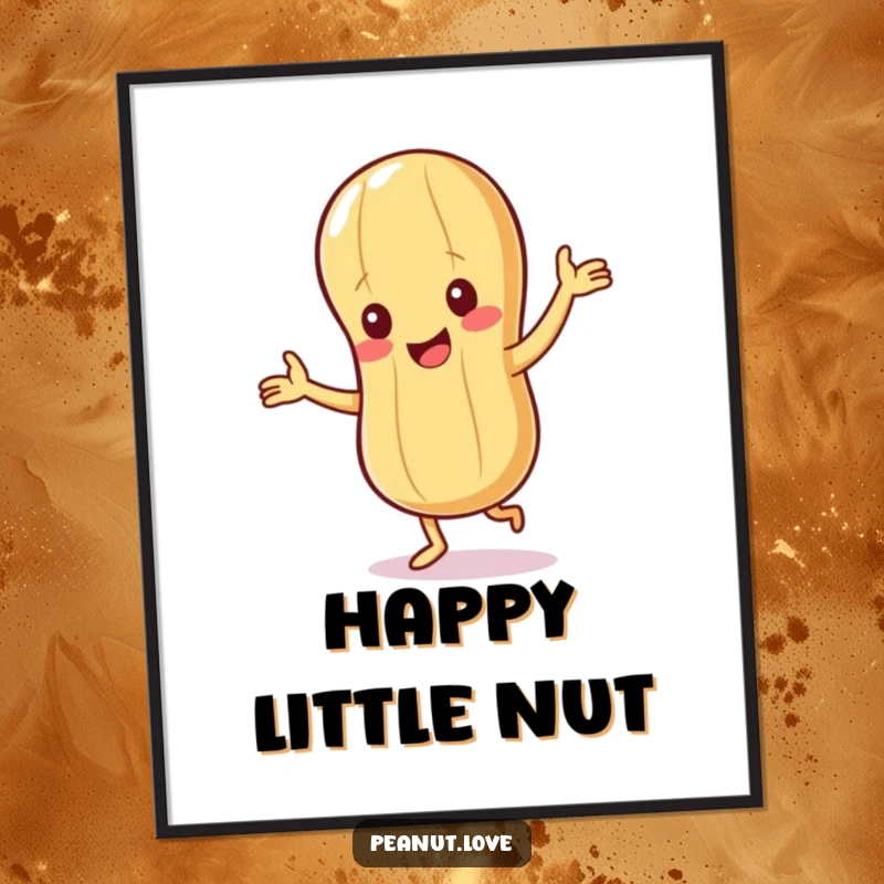 Funny Peanut Digital Art Print: Giggling peanut character happily dances with small arms, spreading cheer.