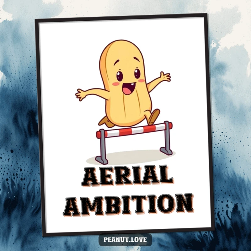 Funny digital art print of an anthropomorphic peanut character energetically jumping over a tiny hurdle, capturing a moment of playful triumph.