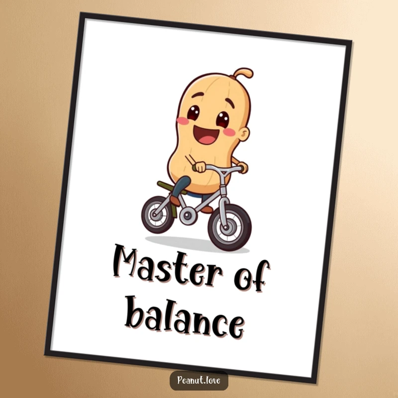 Funny digital art of a grinning peanut character skillfully riding a tiny unicycle, capturing a moment of pure, balanced humor and cheer.