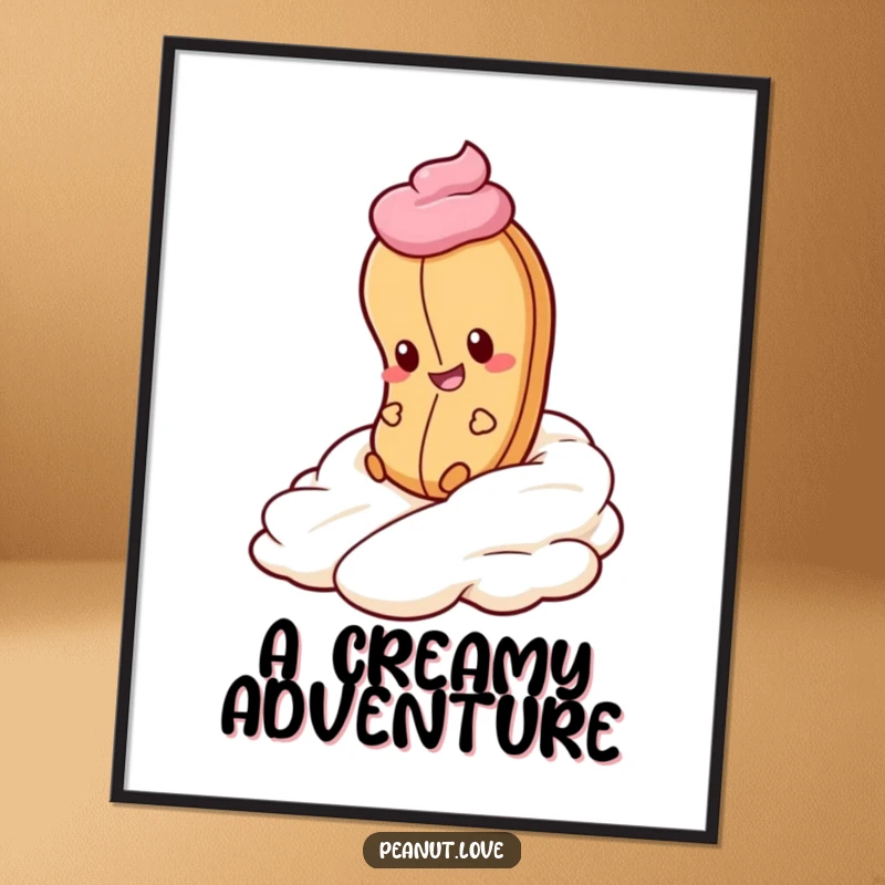 Funny Peanut Whipped Cream Digital Art Print: A peanut gleefully rolls down whipped cream. Instant sweet decor, funny gift.