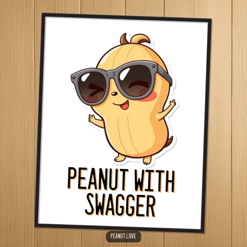 Funny playful peanut digital art print of a winking character in oversized sunglasses, ready to add cool vibes, a funny gift.