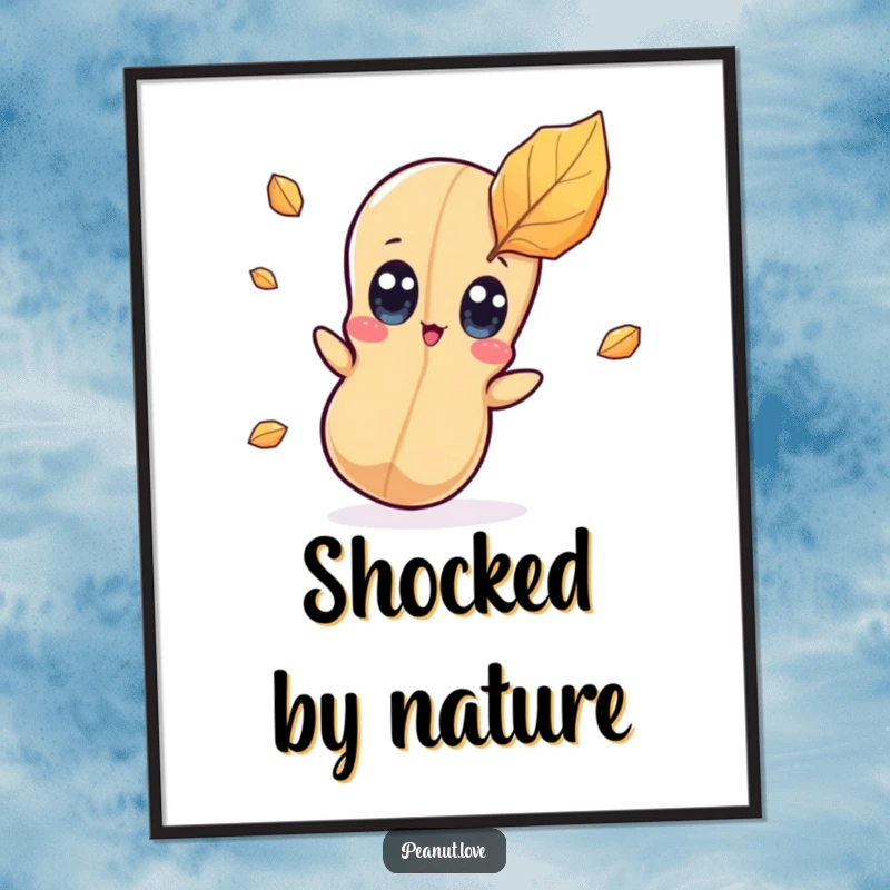 Funny kawaii peanut character digital art print of wide eyes surprised by a falling leaf, ready for download.