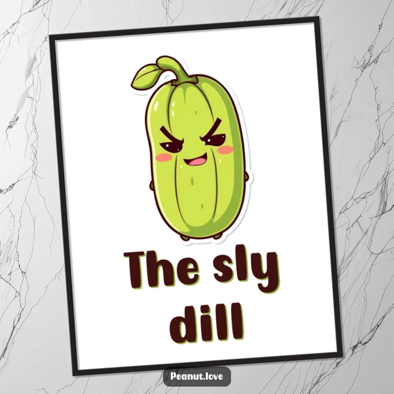 Funny anthropomorphic pickle with a mischievous grin slyly winking on a humorous digital art print, instant download.